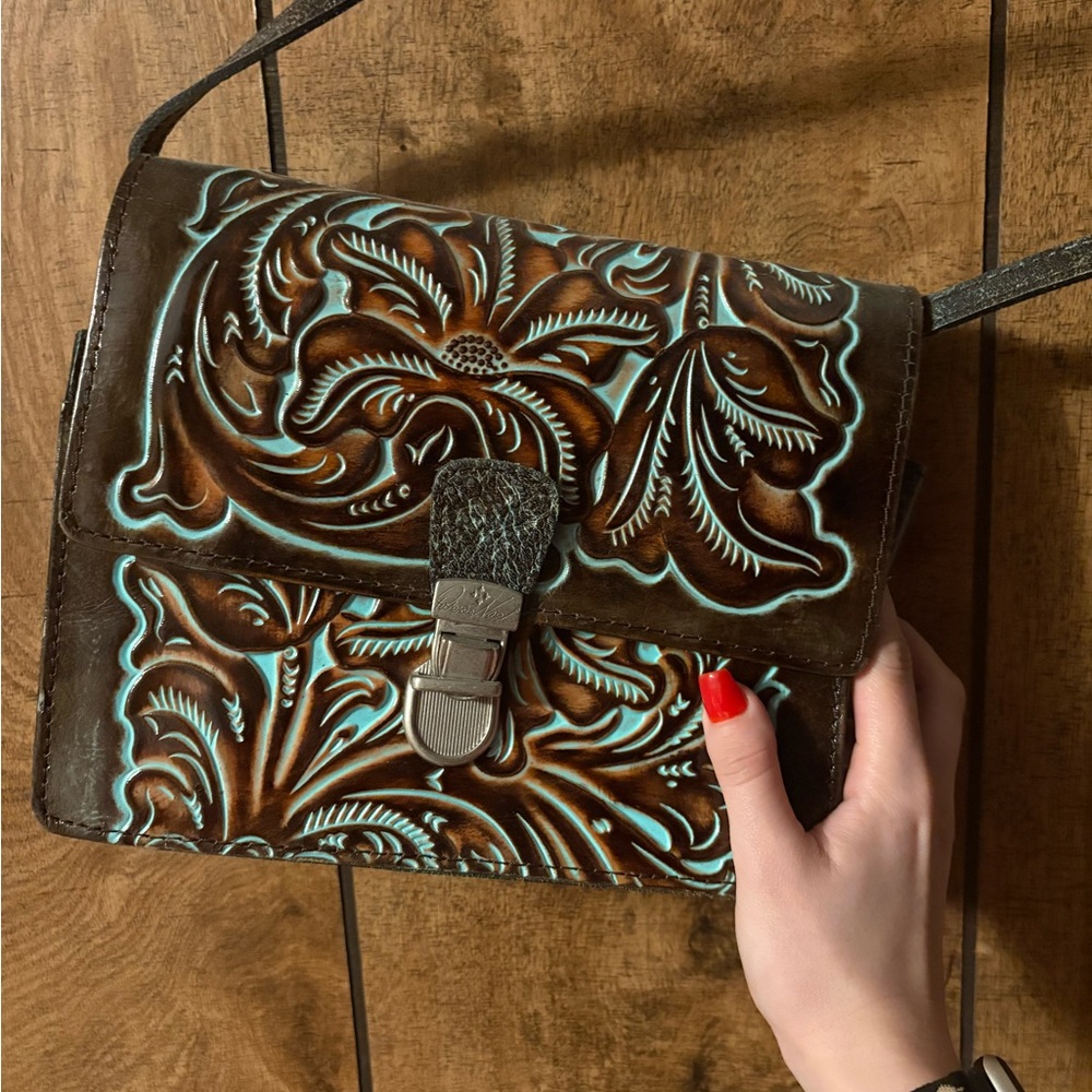 Elegant Brown and Blue Embossed Leather Bag